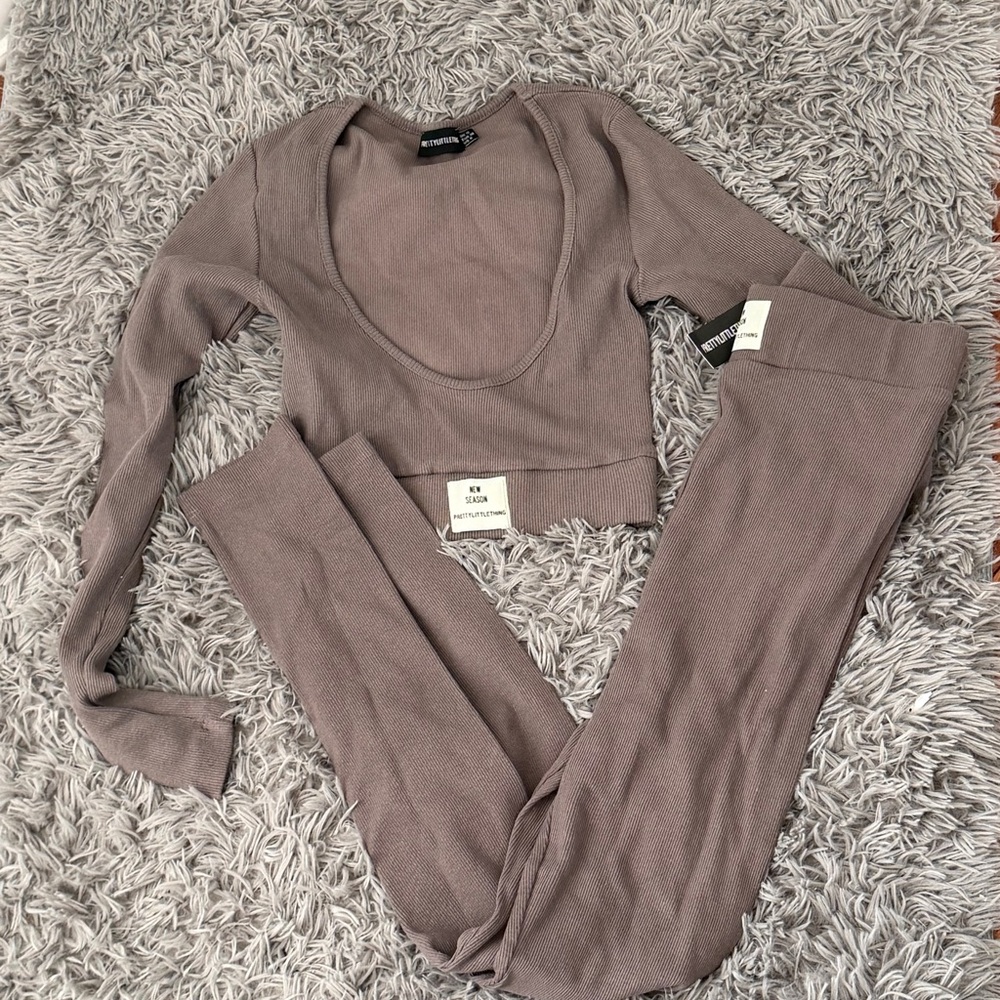 PrettyLittleThing Taupe Ribbed Top And Pants